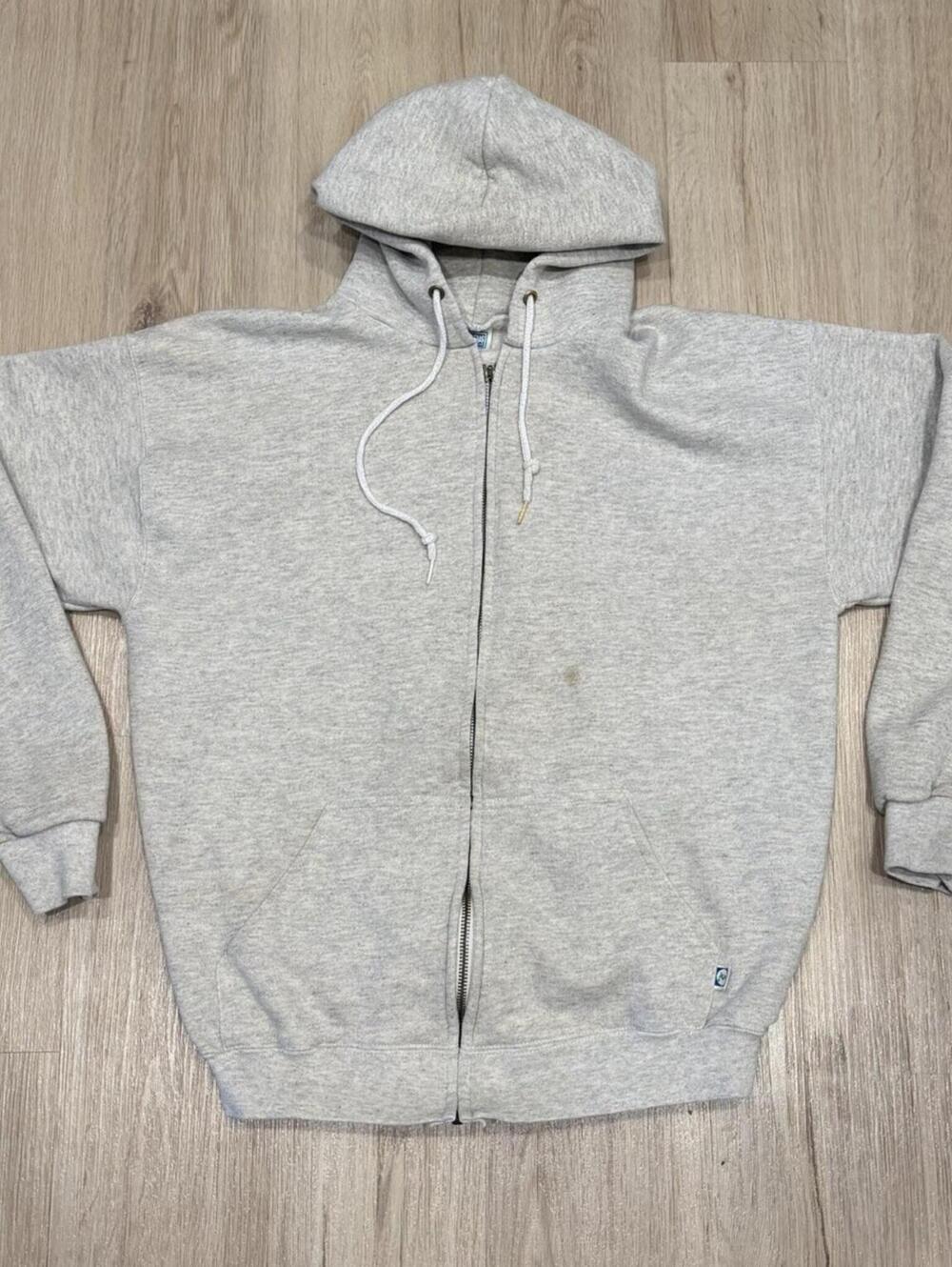 Vintage 90s Discus Heather Gray Zip Up Hoodie Size L Distressed Cropped Rare